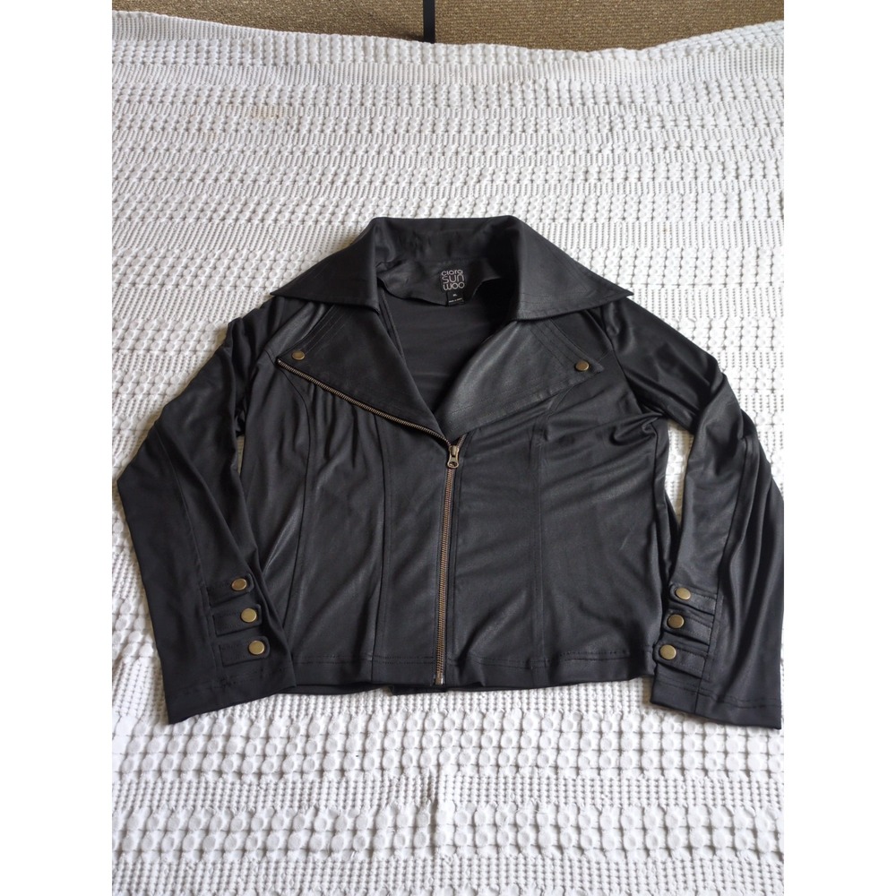 Clara Sun Woo Liquid Leather Moto Jacket Black Full Zip